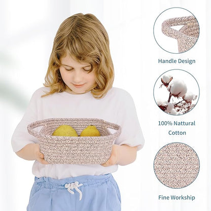 ABenkle Small Storage Basket, Mini Basket, Cute Tiny Cotton Rope Woven Basket, Shelf Basket, Boho Decorative Toy Dog Cat Basket for Nursery, Bedroom, Spa, Empty Gift Basket - XS, Mixed Brown