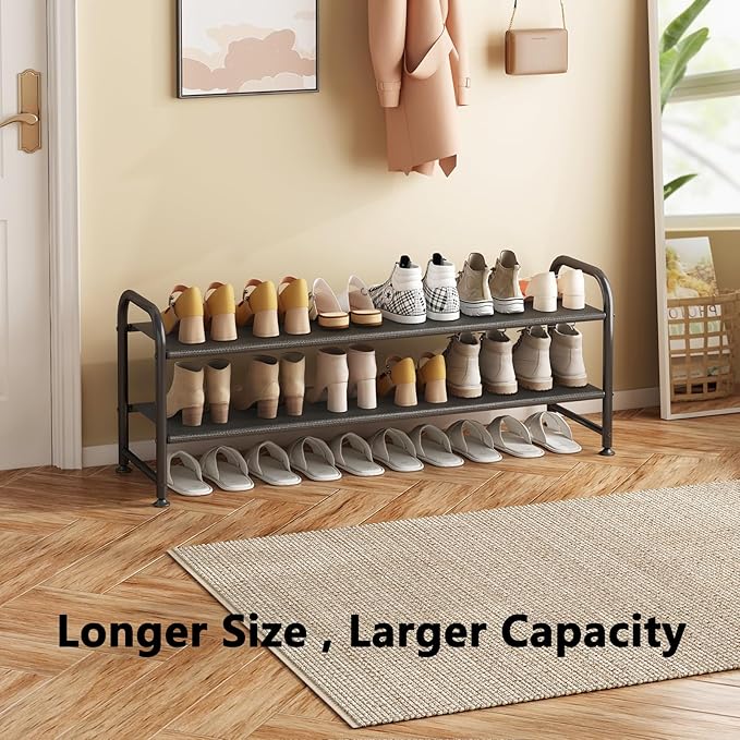 INGIORDAR Shoe Rack 2 Tier Long Storage Organizer Wide Metal Shoe Shelf for Closet Entryway Black