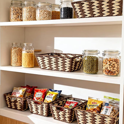 Paper Rope Storage Baskets for Shelves Organizing, Small Hand Woven Wicker Organizer Basket with Handle for Bathroom Toilet Paper Storage, Beige and Brown, 3-Pack