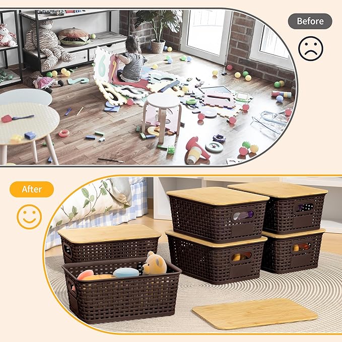 Plastic Storage Baskets with Bamboo Lids and Labels, Stackable Storage Containers, Storage Bins for Organizing Shelves Drawers Desktop Closets Office, 6 Packs-Brown