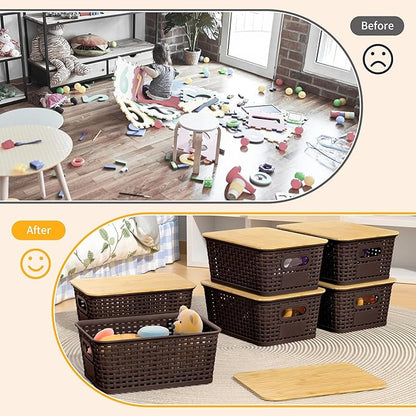 Plastic Storage Baskets with Bamboo Lids and Labels, Stackable Storage Containers, Storage Bins for Organizing Shelves Drawers Desktop Closets Office, 6 Packs-Brown