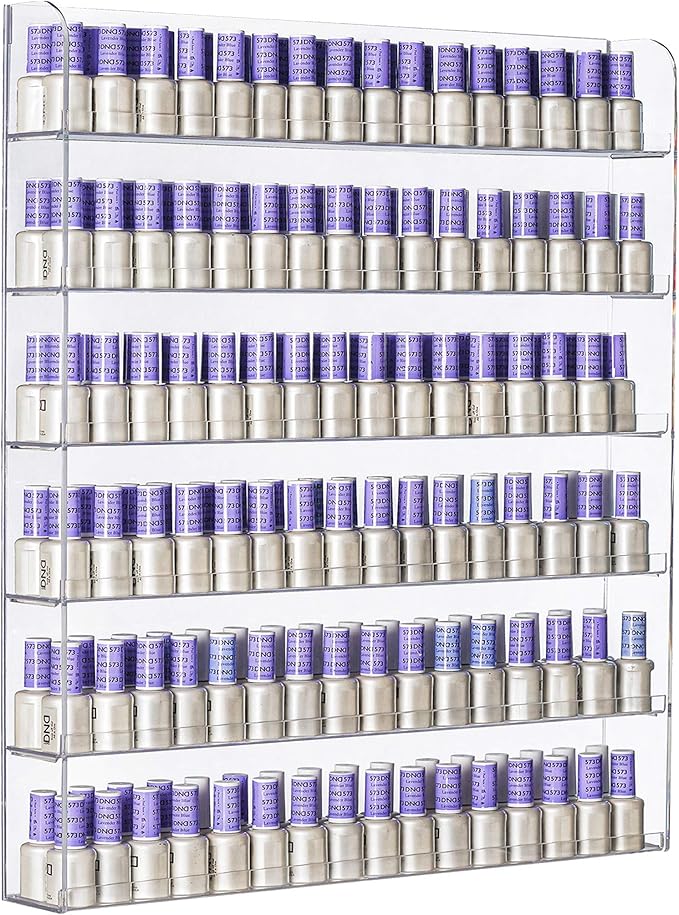 AMT 6 Tier Acrylic Nail Polish Racks for the Wall, Holds up to 180 Bottles, CLEAR Nail Polish Display, Essential Oils Organizer. Plus a Microfiber Cloth for Cleaning Purposes