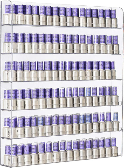 AMT 6 Tier Acrylic Nail Polish Racks for the Wall, Holds up to 180 Bottles, CLEAR Nail Polish Display, Essential Oils Organizer. Plus a Microfiber Cloth for Cleaning Purposes