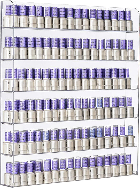 AMT 6 Tier Acrylic Nail Polish Racks for the Wall, Holds up to 180 Bottles, CLEAR Nail Polish Display, Essential Oils Organizer. Plus a Microfiber Cloth for Cleaning Purposes