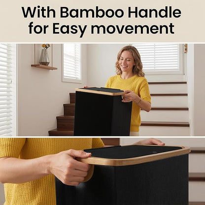 efluky Slim Laundry Basket with Lid, Narrow Laundry Hamper with Removable Bag, Skinny Dirty Clothes Basket with Bamboo Handles for Bathroom, Bedroom & Laundry Room, 65L Black