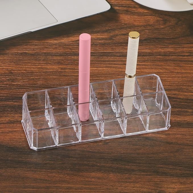 12-Slot Acrylic Lipstick Organizer Case, Transparent Clear Cosmetic Makeup Organizer Display Rack Holder for Lipstick Brushes Bottles Storage, 1 Pack