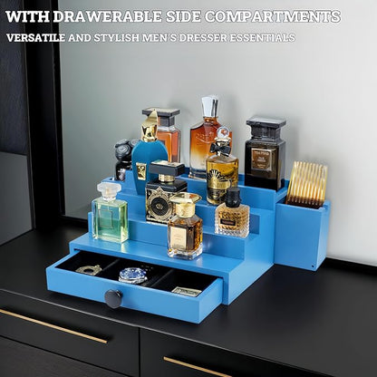 Wooden Cologne Organizer for Men 4 Tier | Capri Ocean Blue Limited Perfume Holder Shelf for Dresser | High Grade Velvet Lining and Stylish Gift Box | Uncluttered Design Perfume Display Stand