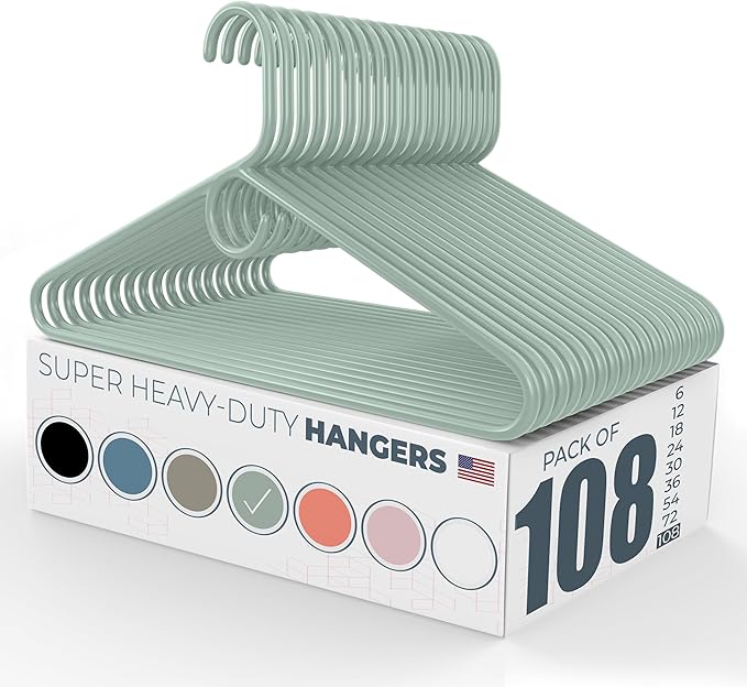 Super Heavy Duty Clothes Hangers 100 Pack (108 Count) – Made in the USA - 10lb Capacity, Thick Plastic Hangers for Pants, Coats, Jackets, Jeans and Adult Clothing – Mint