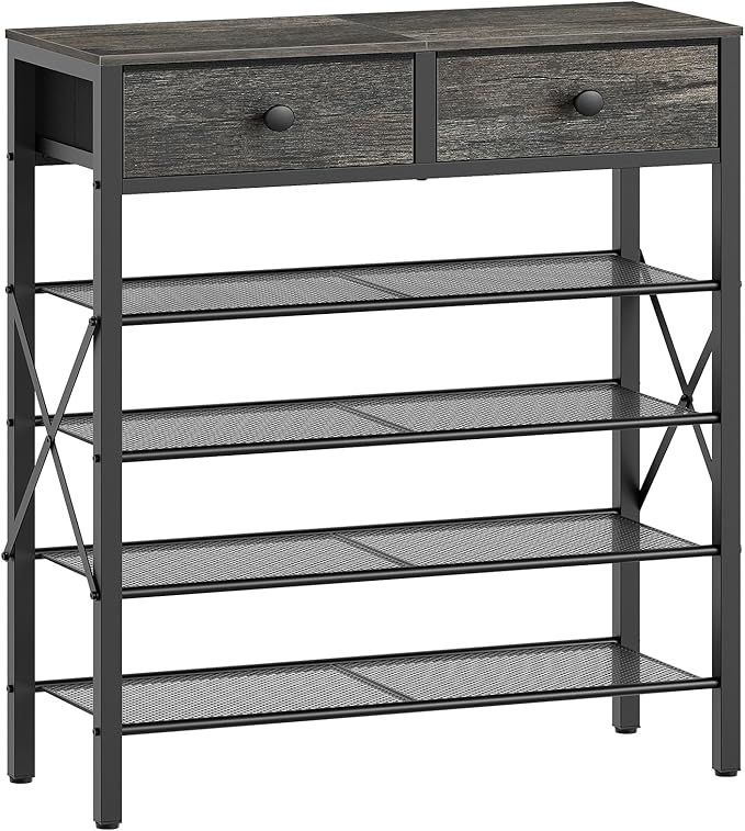 YATINEY 5 Tier Shoe Rack, Large Capacity Shoe Storage Organizer, Metal Shoe Shelf with Drawer and Wooden Top, for 20 Pairs of Shoes, for Entryway, Closet, Charcoal and Black SS25BCY1