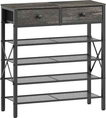 YATINEY 5 Tier Shoe Rack, Large Capacity Shoe Storage Organizer, Metal Shoe Shelf with Drawer and Wooden Top, for 20 Pairs of Shoes, for Entryway, Closet, Charcoal and Black SS25BCY1