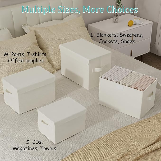 Fabric Storage Bin with Lid, Closet Boxes with Cover, Collapsible Stackable Organizer Basket with 2 Handles, for Home and Bedroom, 4 Pack, Beige, 10.2 x 7.9 x 6.7 In, XSNY12BES-4