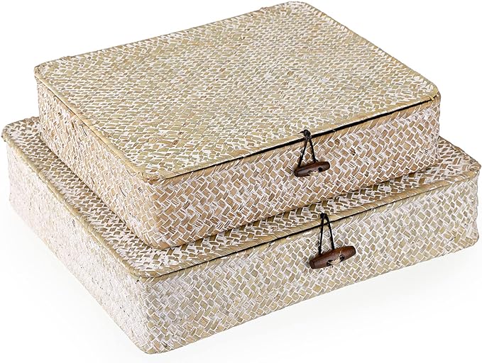 Hipiwe Set of 2 Flat Woven Wicker Storage Bins with Lid Natural Seagrass Basket Boxes Multipurpose Home Organizer Bins Boxes for Shelf Organizer (Whitewash)