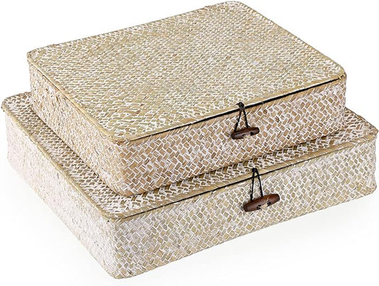 Hipiwe Set of 2 Flat Woven Wicker Storage Bins with Lid Natural Seagrass Basket Boxes Multipurpose Home Organizer Bins Boxes for Shelf Organizer (Whitewash)