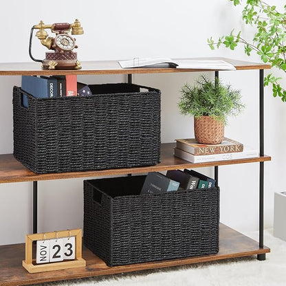Vagusicc Wicker Storage Basket, Set of 2 Hand-Woven Paper Rope Wicker Basket, Small Storage Baskets for Organizing Toilet Paper Basket, Foldable Large Cube Storage Organizer Bins for Shelves (Black)