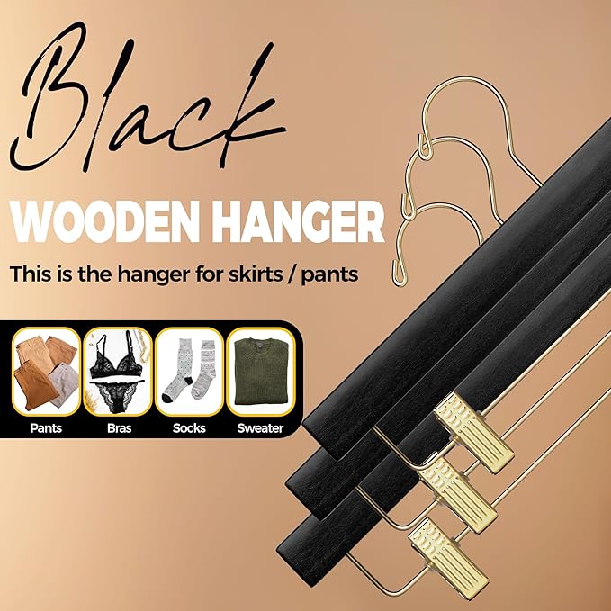 Quality Hangers Black Wooden Pants Hangers - 10-Pack Swivel Hook Cloth Hanger Set - Lotus Wood Skirt, Pant, Shorts and Slack Hangers with Adjustable Clip – Black Clothing Hanger (Gold Hook, 10)