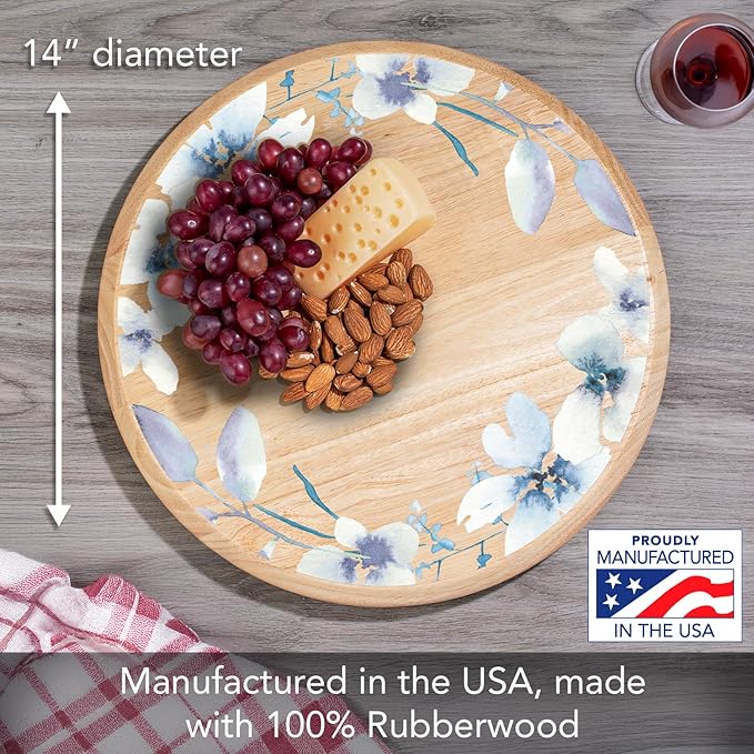 CounterArt Decorative Round Natural Wood Lazy Susan Turntable 14" Diameter Condiment Caddy, Cheese Server, Cake Plate, Spice Organization (Floral Wreath)