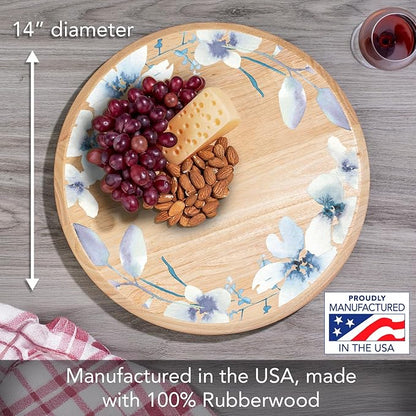CounterArt Decorative Round Natural Wood Lazy Susan Turntable 14" Diameter Condiment Caddy, Cheese Server, Cake Plate, Spice Organization (Floral Wreath)