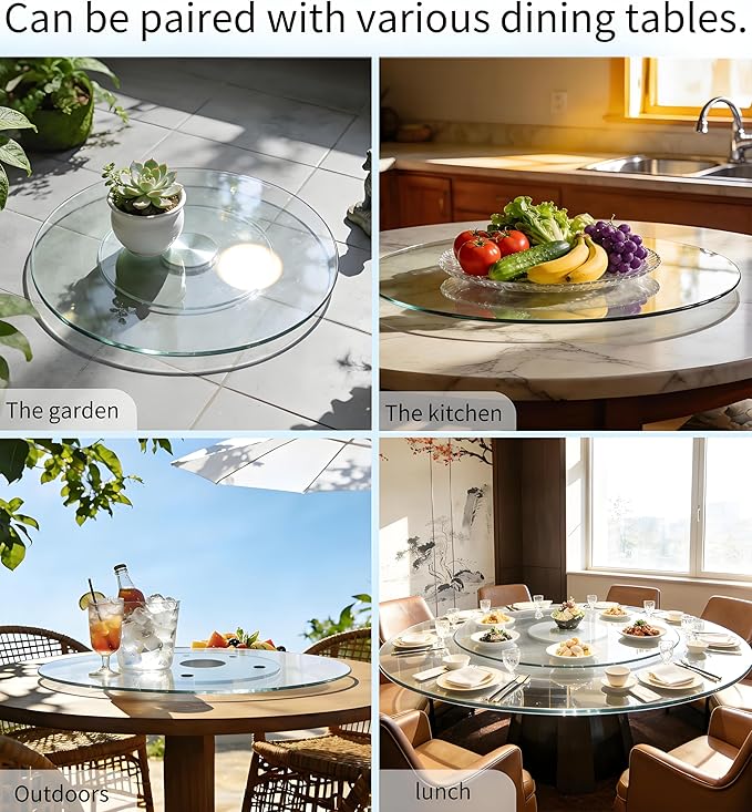 30" Glass Lazy Susan for Dining Table, Glass Turntable Table Centerpiece with 6 Rotating Wheels, 360° Smooth and Silent Spin Tabletop Rotating Tray, for Family Gatherings, Banquets, Weddings, 77 cm