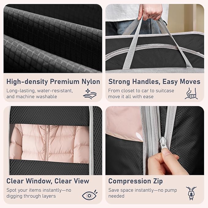 DIMJ Garment Bags for Hanging Clothes 10" Gusseted, Space Saving Compression Suit Bag Travel with Handles Window, Washable Carry Clothing Storage Cover for Dress, Coats, Jacket, Shirts,43" 2 Pack