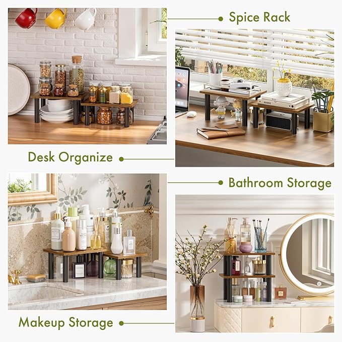 Cabinet Organizer Shelf, 2 Tier Countertop Spice Rack for Kitchen Counter, Seasoning Organizer with Wood-Grain Shelves, Kitchen Countertop Organizer for Spices, Sauces and Small Items (2 Pcs, Brown)