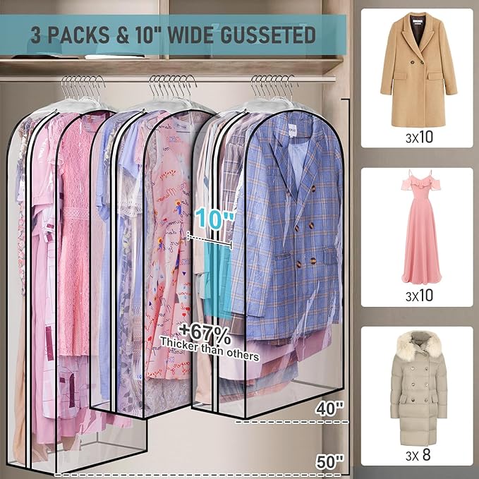 MISSLO 10" Gusseted All Clear Garment Bags for Hanging Clothes 40"+50" Suit Bags for Closet Storage Dresses Protectors for Shirts, Coats, Gowns, 3 Packs