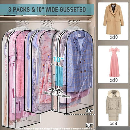 MISSLO 10" Gusseted All Clear Garment Bags for Hanging Clothes 40"+50" Suit Bags for Closet Storage Dresses Protectors for Shirts, Coats, Gowns, 3 Packs