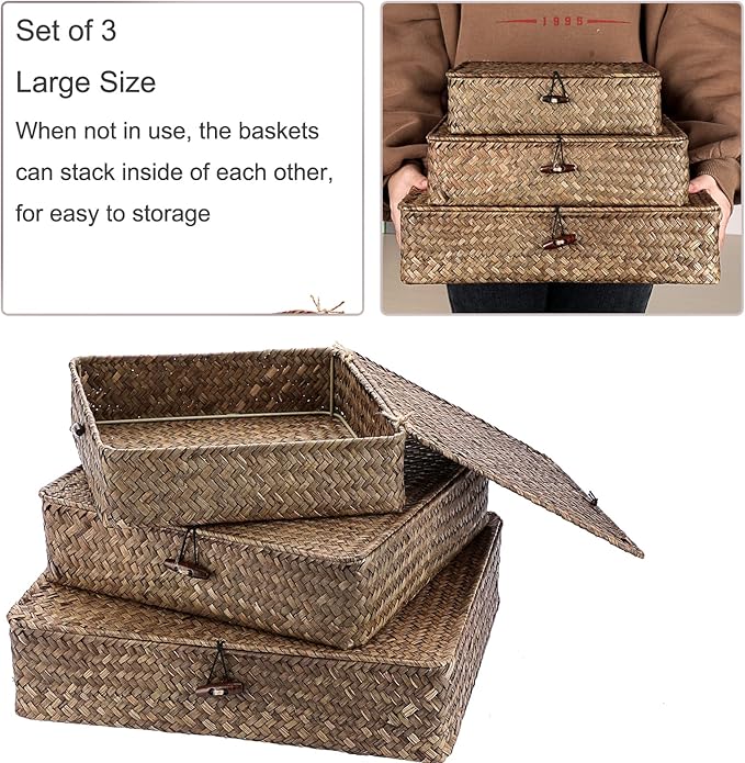 Hipiwe Flat Wicker Basket Bins with Lid - Set of 3 Handwoven Seagrass Storage Basket Shelf Baskets Boxes Multipurpose Home Organizer Bins Boxes for Shelf Pantry Closet,Large Size 14.8"x13" Coffee