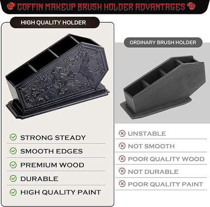 Gothic Coffin Decor Makeup Brush Holder,Spooky Witchy Gifts for Women,Bat Cosmetic Display Cases,Cross Goth Decor Pen Holder, Vanity, Desk, Office Organizer for Christmas Bedroom Bathroom,Black