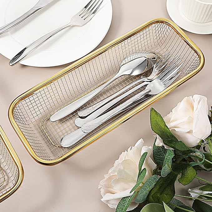4 Pcs Gold Kitchen Drawer Organizer, Stainless Steel Silverware Container, Stackable Mesh Storage Baskets, Gold Utensil Holder for Holding Knife, Fork, Spoon, 12 x 5 x 2 Inch