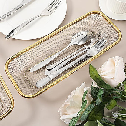 4 Pcs Gold Kitchen Drawer Organizer, Stainless Steel Silverware Container, Stackable Mesh Storage Baskets, Gold Utensil Holder for Holding Knife, Fork, Spoon, 12 x 5 x 2 Inch