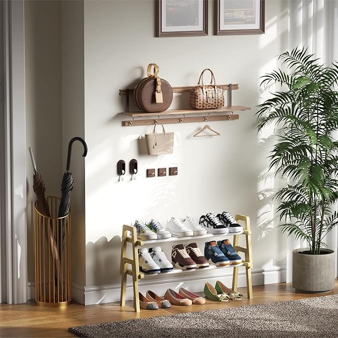 2-Tier Bamboo Shoe Rack Stackable, Shoe Organizer for Entryway and Closet, Modular Small Shoe Storage Shelf, Space-Saving Free Standing, Holds 8-10 Pairs of Shoes, Natural