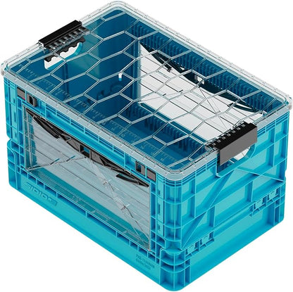 SIDIO Full-Size Collapsible Crate - Heavy Duty Stackable Storage Bin with Lid & 2 Short-Ways Dividers, Durable Plastic Organizer for Home, Office, Garage & Outdoor Use (Sidio Blue)