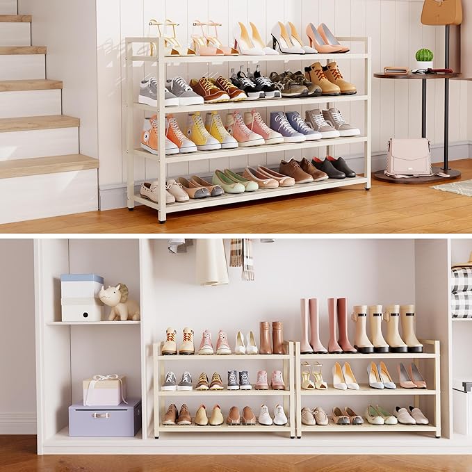 3-Tier Heavy Duty Metal Shoe Rack, 200 LBS Load Capacity, Sturdy Free Standing Shoe Storage Organizer, Holds 9-12 Pairs, 28.7" W x 9.8" D x 19.7" H White for Entryway, Closet, Bedroom & Dorm