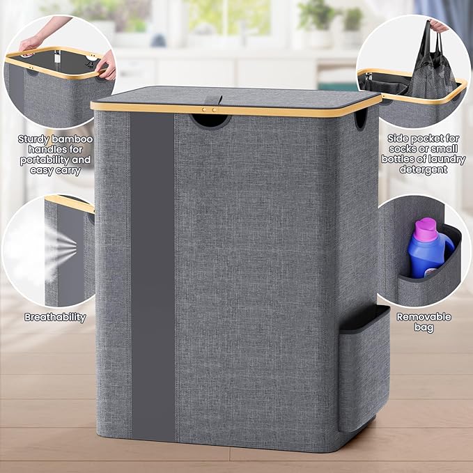 BlissTotes Laundry Basket with Lid, 150L Clothes Laundry Hamper with Handles and 2 Removable Laundry Bag, Breathable Design Hamper with Lid for Bedroom, Bathroom, Dorm, Laundry Room - Light Grey