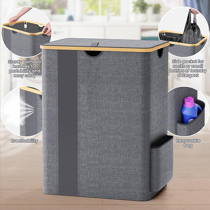 BlissTotes Laundry Basket with Lid, 150L Clothes Laundry Hamper with Handles and 2 Removable Laundry Bag, Breathable Design Hamper with Lid for Bedroom, Bathroom, Dorm, Laundry Room - Light Grey