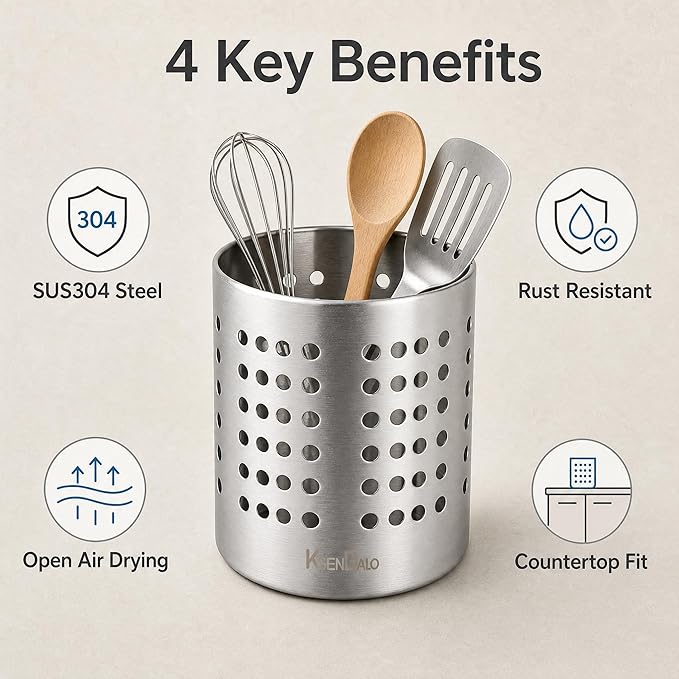 KSENDALO Small Stainless Steel Utensil Holder, SUS304 Silverware Utensil Drying Rack, Utility Sturdy Home Kitchen Daily Use Utensil Drainer for Countertop, Silver (5.32inch Tall)