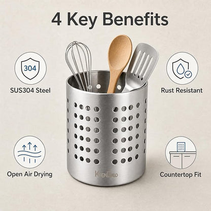 KSENDALO Small Stainless Steel Utensil Holder, SUS304 Silverware Utensil Drying Rack, Utility Sturdy Home Kitchen Daily Use Utensil Drainer for Countertop, Silver (5.32inch Tall)