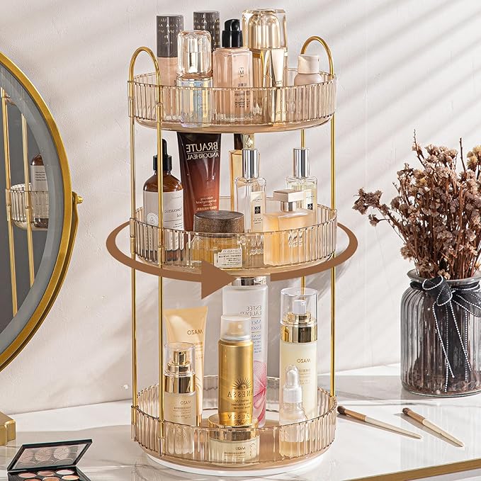 shuang qing Rotating Makeup Organizer for Vanity, High-Capacity Skincare Clear Make Up Storage Perfume Organizers Cosmetic Dresser Organizer Countertop 360 Spinning (Gold, 3 Tier)