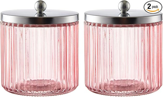KMwares 2-Pack Pink Glass Bathroom Canister Set with Silver Metal Lids – Stylish, Airtight Storage for Cotton Balls, Swabs, Pads, and Floss Picks