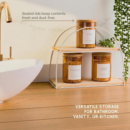 Vase and Vessel Mini Glass Apothecary Jars with Bamboo Lids, Small Bathroom and Kitchen Storage Containers, For Cotton Balls, Pads and Swabs, 10 oz, Set of 3 (Amber)
