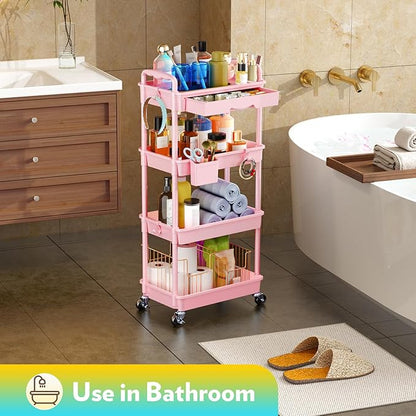 SUNALLY Makeup Cart Organizer with Drawers, 4 Tier Floor Skincare Organizers for Vanity, Rolling Makeup Bathroom Storage Cart Cosmetics Display Cases for Skin Care Perfume Nail Polish, Pink