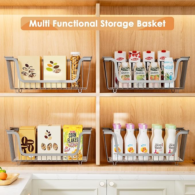 4 Pack Stackable Wire Baskets with Handles for Pantry Organizers and Storage, Fruit and Vegetable wire storage baskets, Potato and Onion Storage Bin, Metal Baskets for Organizing Snacks, Cans (Gray)