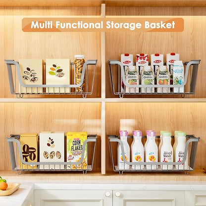 4 Pack Stackable Wire Baskets with Handles for Pantry Organizers and Storage, Fruit and Vegetable wire storage baskets, Potato and Onion Storage Bin, Metal Baskets for Organizing Snacks, Cans (Gray)