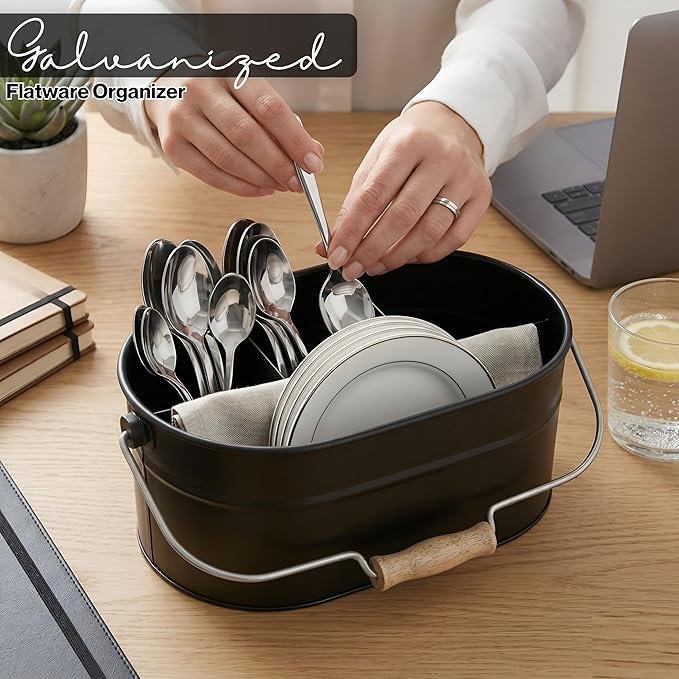 Alpha Living Home Galvanized Organizer Kitchen Drawer Organizezs Utensil Organizer Heavy Duty Metal Alloy Silverware Holder Cutlery Organizers in Drawer Flatware Organizer Tray 4 slots (Black)