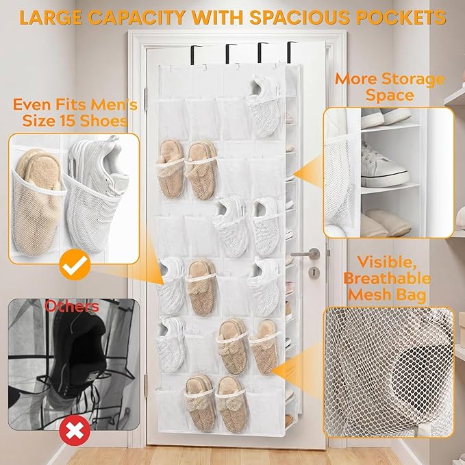 Ofiray-home Over The Door Shoe Organizer, 50 Large Pockets Double-Sided Shoe Organizer for Closet Door, Hanging Shoe Storage Up to 50 Pairs, Mesh Front Pockets & Side Storage for Sneakers, Heels,White