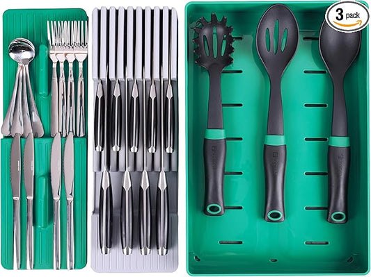 linoroso Knife Drawer Organizer Silverware Drawer Organizer with Kitchen Organizer, Cutlery Drawer Organizer Utensil Drawer Organizer for Knives, Flatware, and Utensils, BPA Free Secure Storage Tray