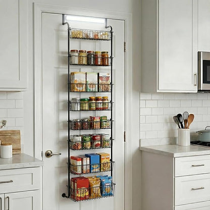 Over Door Organizer Storage - 8 Tier Black Metal Over the Door Pantry Organizer Heavy Duty Hanging Storage Rack, Behind Cabinet Shelves for Home, Kitchen, Bathroom, Closet, Pantry.