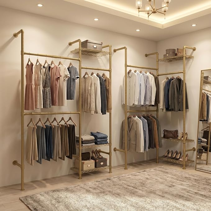 Wall Mounted Closet System – Adjustable Clothing Rack with 2 Expandable Rods & 3 Shelves, Heavy Duty Industrial Pipe Clothes Rack for Closet Organizer and Storage, Gold