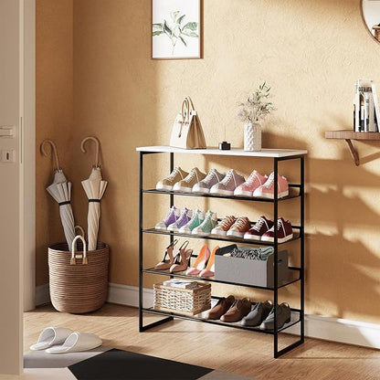 Garden 4 you Shoe Rack for Entryway 5 Tiers 11.8" D x 29" W x 36.5" H, Metal Shoe Rocks with White Wooden Tabletop, Angled Shoes Rack with Adjustable Mesh Shelves for Entryway Hallway Closet