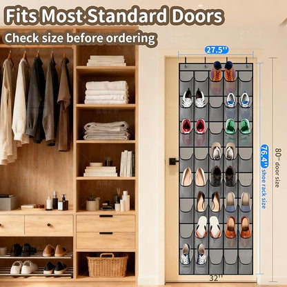 Over the Door Shoe Organizer with 40 Large Pockets, Multi-Purpose Storage for Shoe and Accessories, Durable Fabric with Adjustable Hooks for Home Closet Bedroom Entryway-Grey